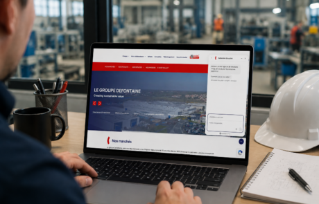 Personne travaillant dans une industrie qui consulte un site internet Defontaine Group sur son ordinateur portable avec un chatBOT IA affiché sur l'écran