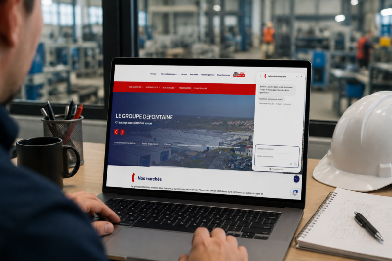 realisation-chatbot-defontaine Personne travaillant dans une industrie qui consulte un site internet Defontaine Group sur son ordinateur portable avec un chatBOT IA affiché sur l'écran